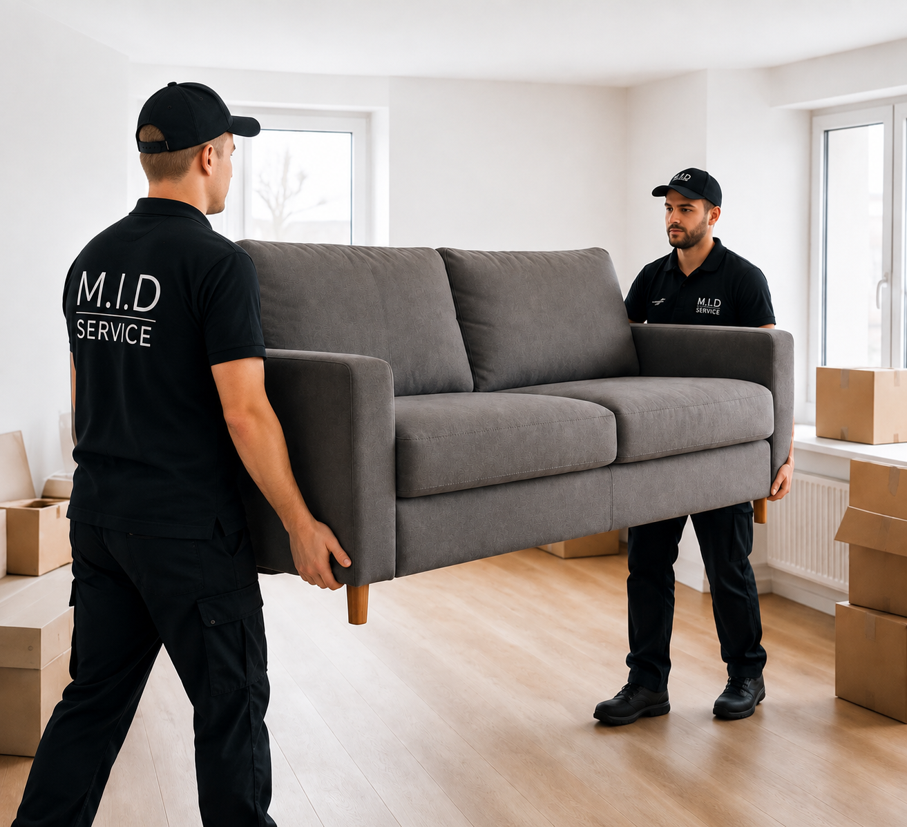 Umzugshelfer beim Transport eines Sofas in Frankfurt