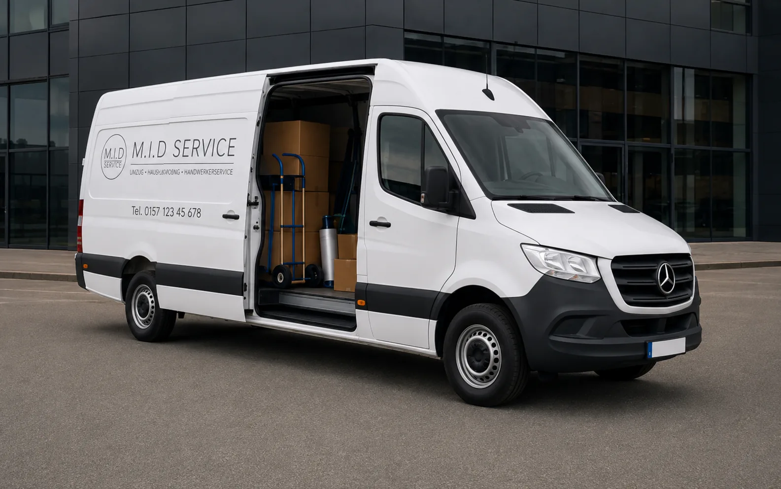 M.I.D Service Umzugsunternehmen Frankfurt – weißer Mercedes Sprinter Transporter